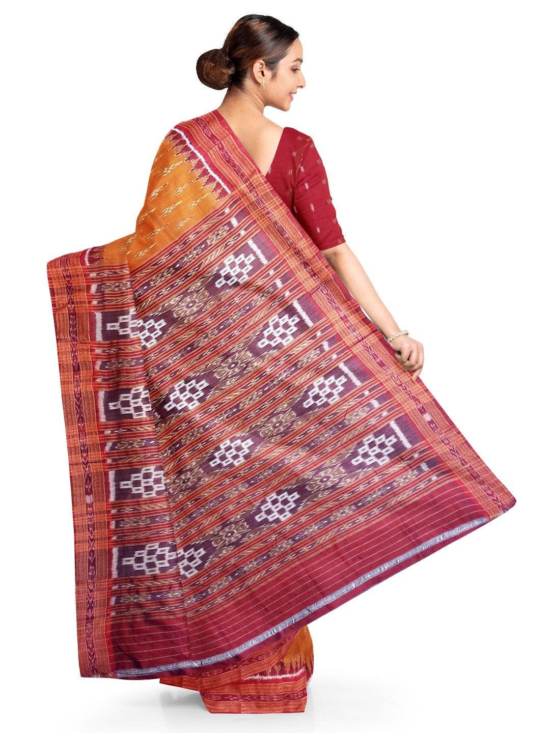 Golden with Red Odisha Khandua Pata Silk Saree paired with cotton ikat blouse piece
