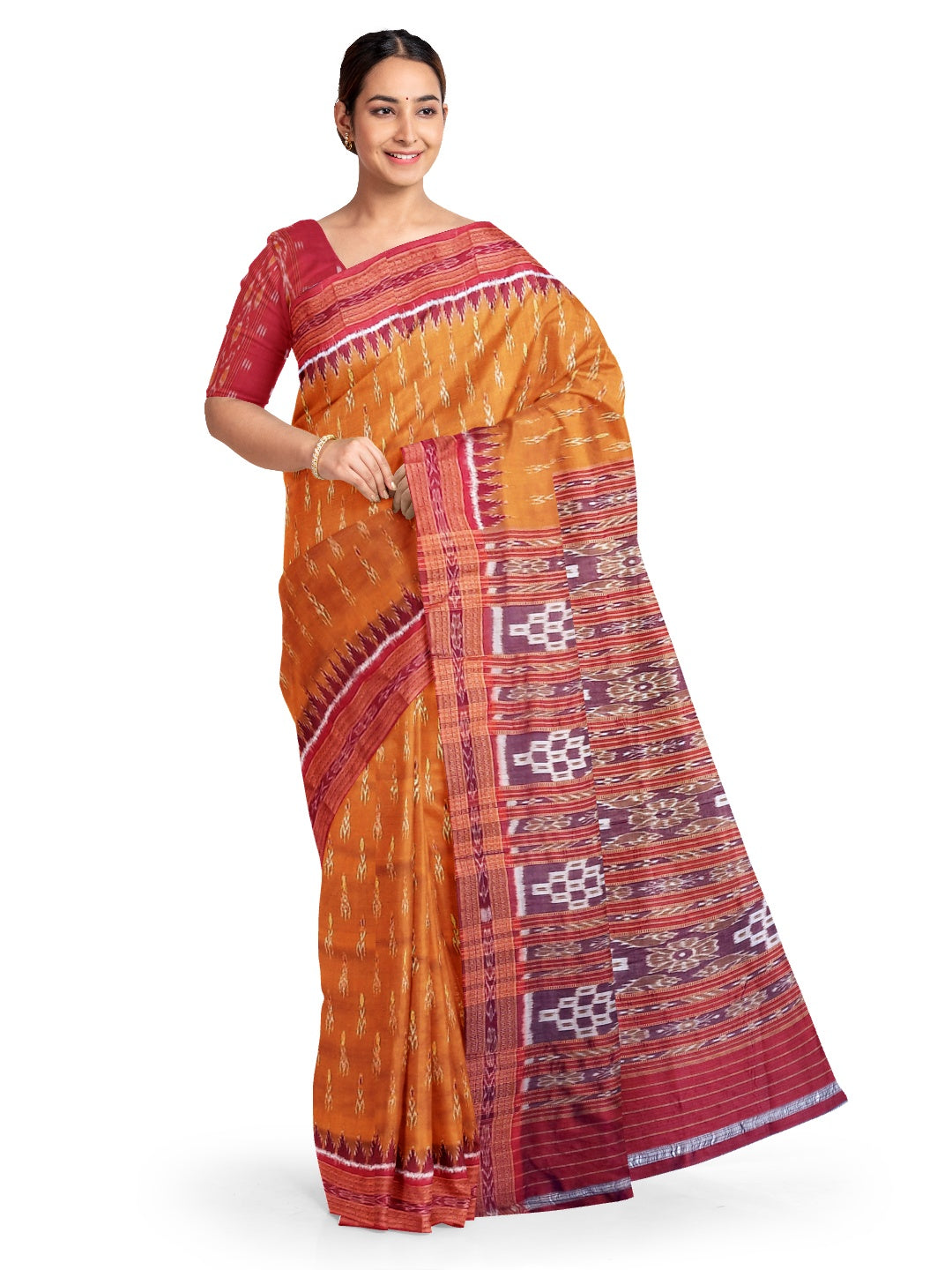 Golden with Red Odisha Khandua Pata Silk Saree paired with cotton ikat blouse piece