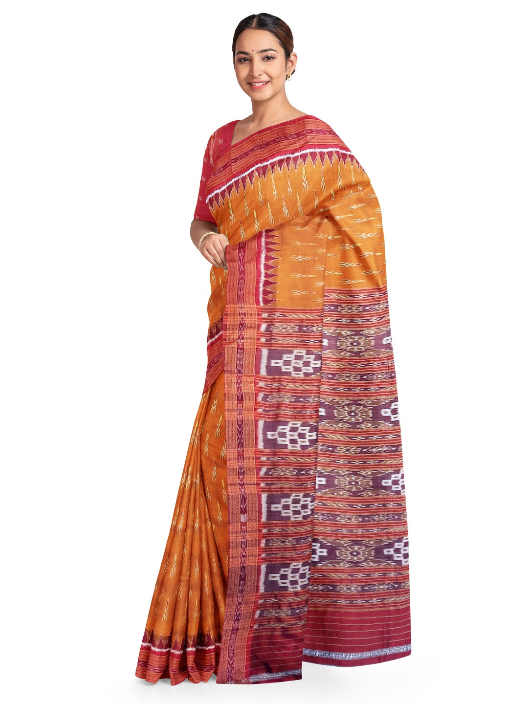 Golden with Red Odisha Khandua Pata Silk Saree paired with cotton ikat blouse piece