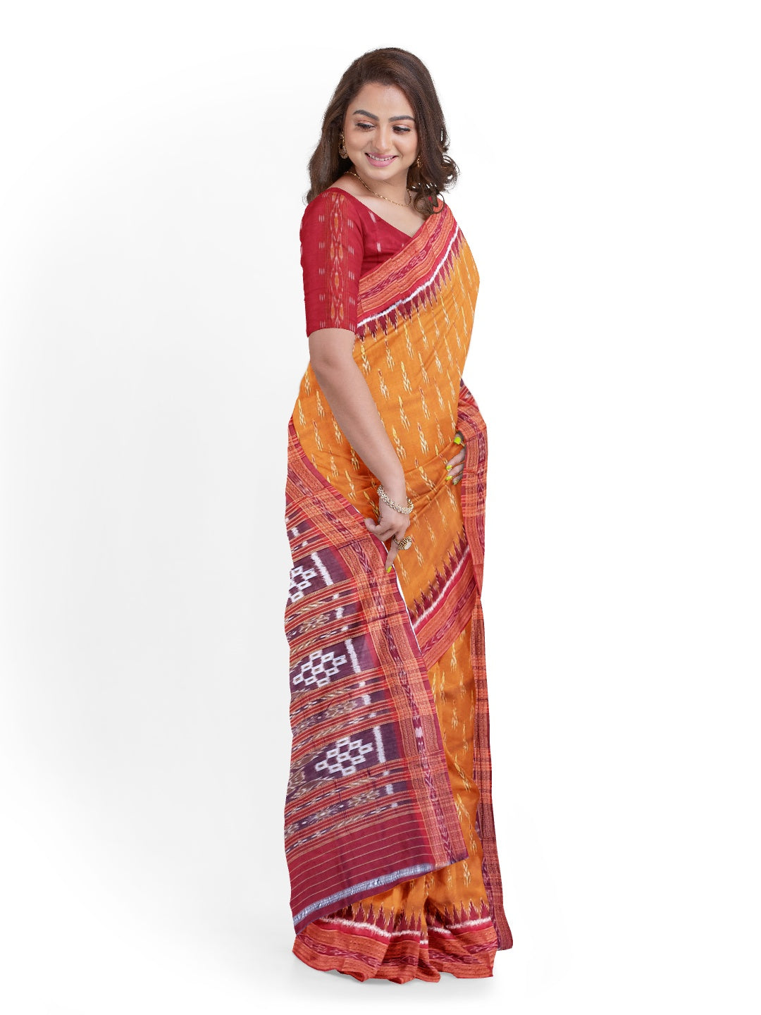 Golden with Red Odisha Khandua Pata Silk Saree paired with cotton ikat blouse piece