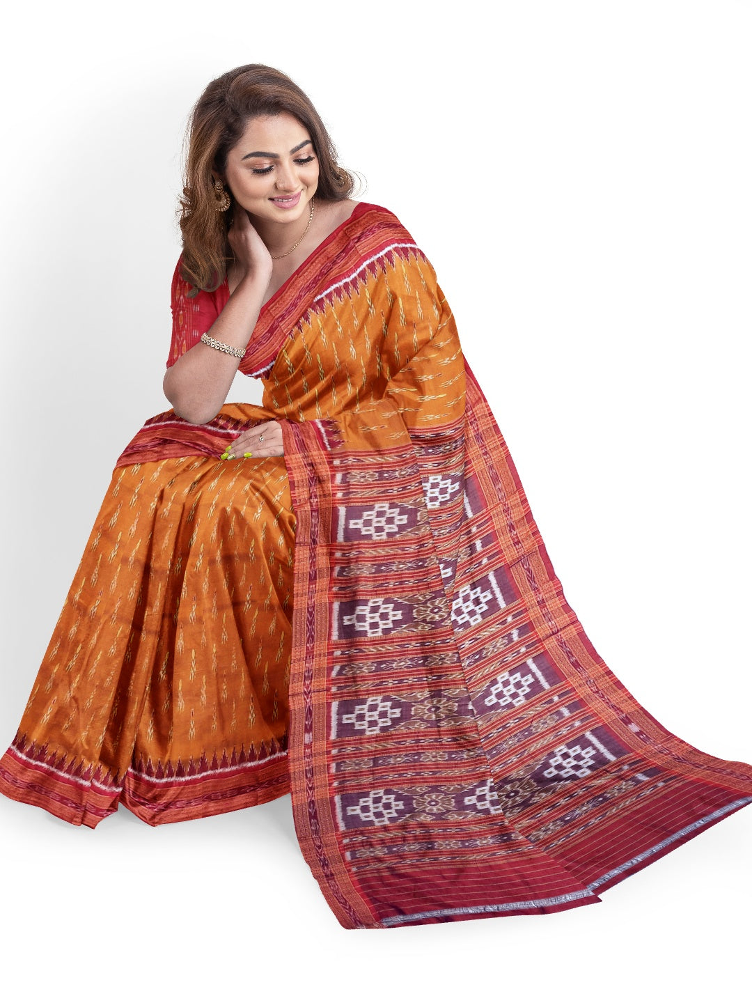Golden with Red Odisha Khandua Pata Silk Saree paired with cotton ikat blouse piece