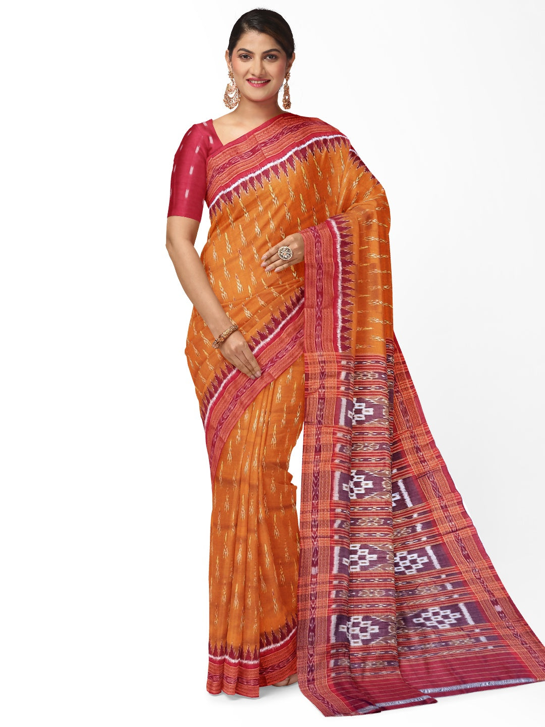 Golden with Red Odisha Khandua Pata Silk Saree paired with cotton ikat blouse piece