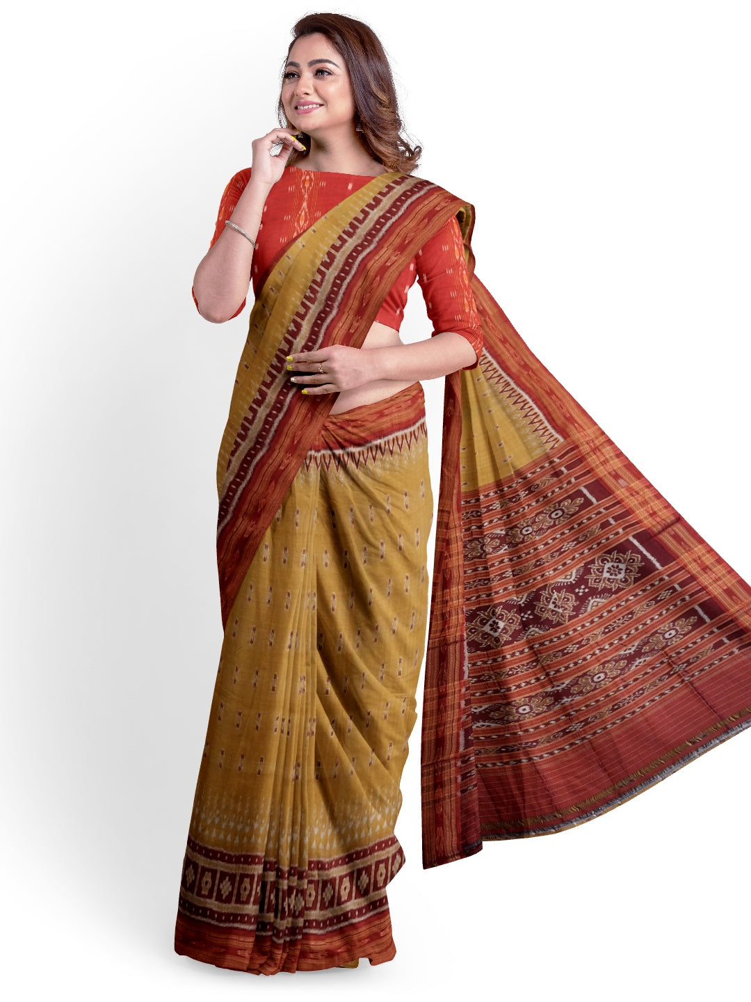 Golden wide border Odisha Khandua Pata Silk Saree paired with cotton ikat blouse piece