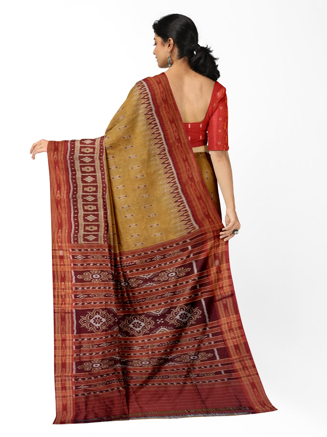 Golden wide border Odisha Khandua Pata Silk Saree paired with cotton ikat blouse piece