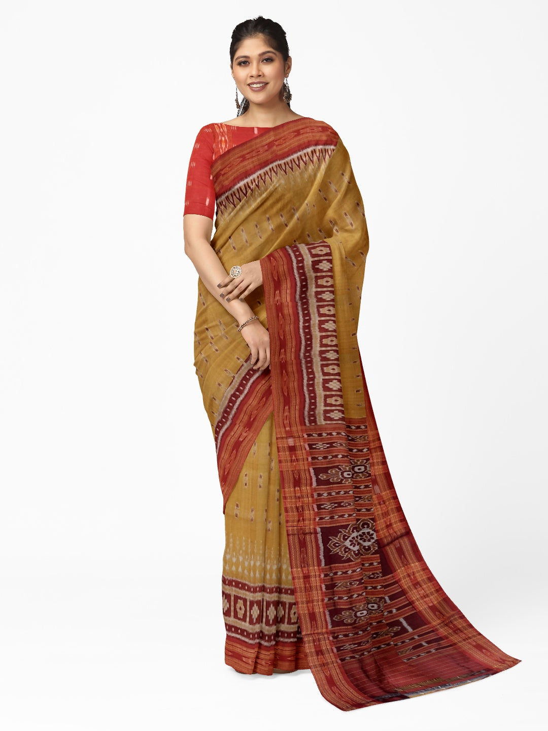 Golden wide border Odisha Khandua Pata Silk Saree paired with cotton ikat blouse piece