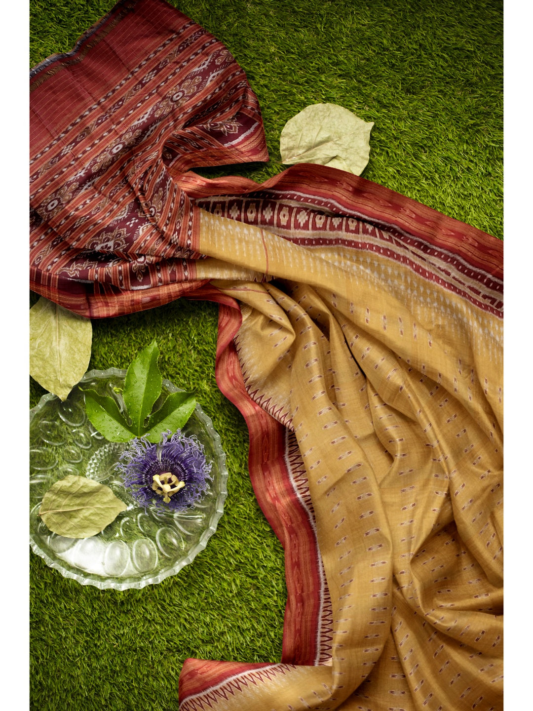 Golden wide border Odisha Khandua Pata Silk Saree paired with cotton ikat blouse piece