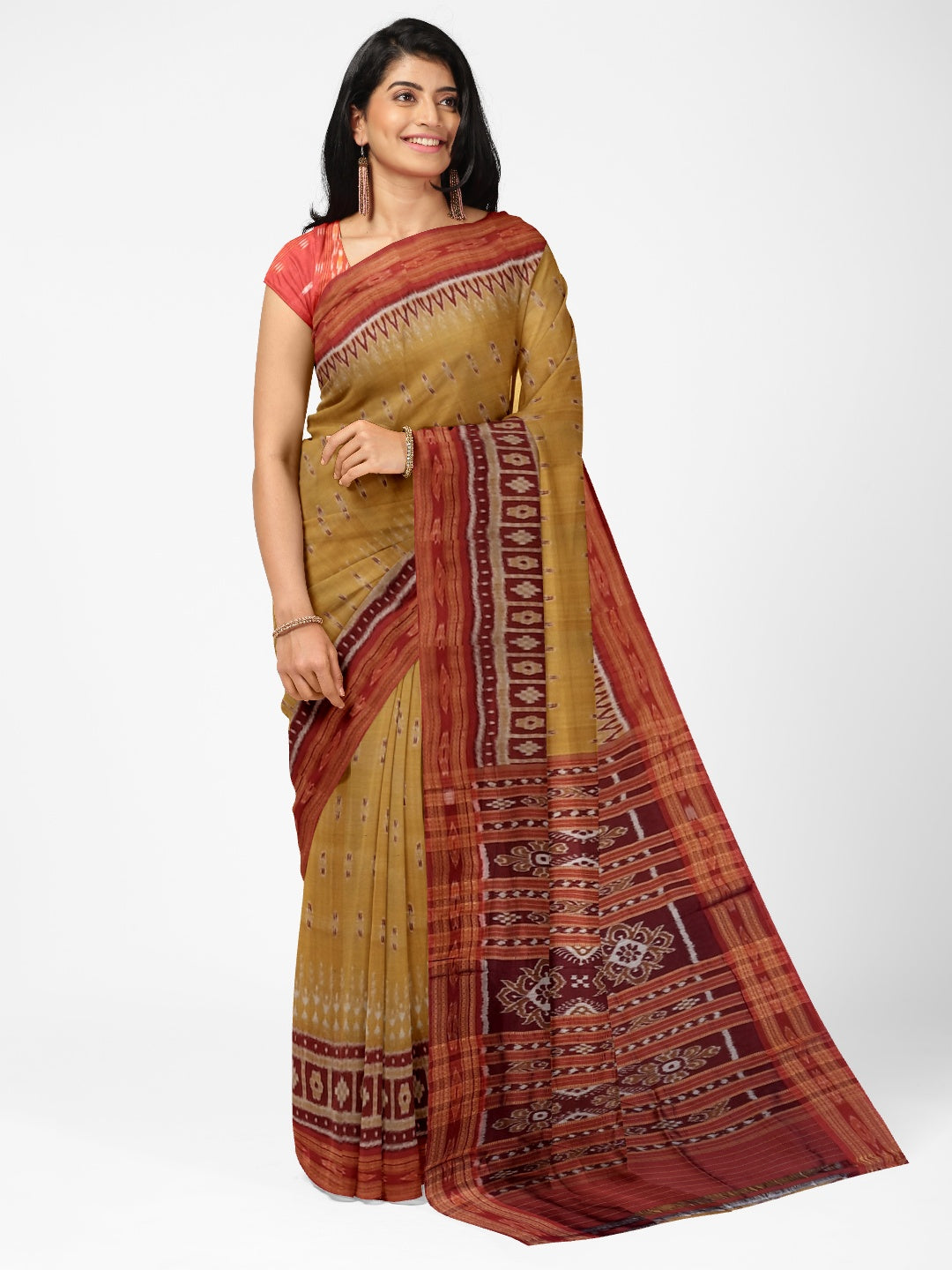 Golden wide border Odisha Khandua Pata Silk Saree paired with cotton ikat blouse piece