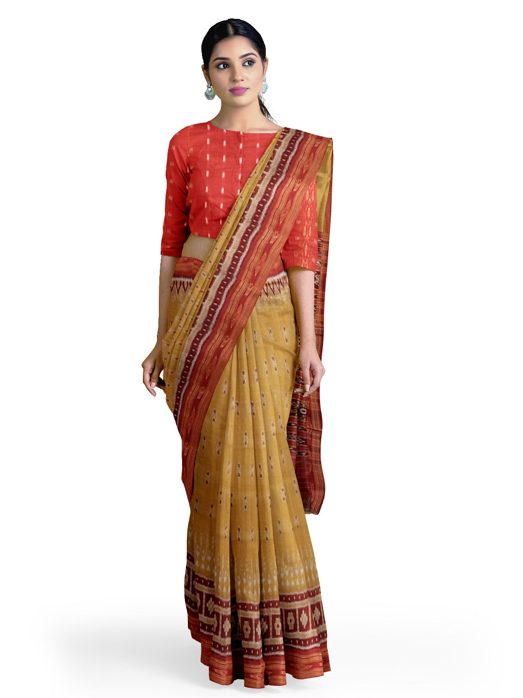 Golden wide border Odisha Khandua Pata Silk Saree paired with cotton ikat blouse piece
