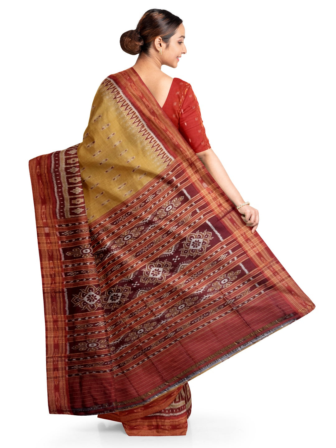 Golden wide border Odisha Khandua Pata Silk Saree paired with cotton ikat blouse piece