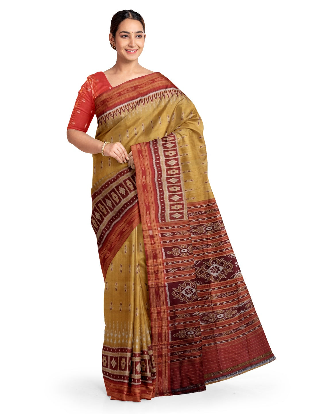Golden wide border Odisha Khandua Pata Silk Saree paired with cotton ikat blouse piece
