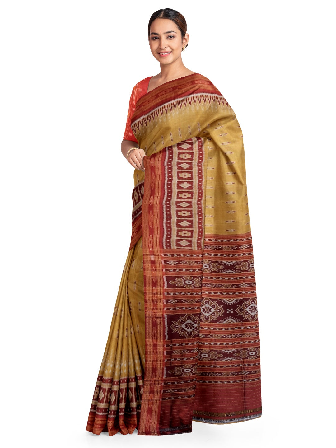 Golden wide border Odisha Khandua Pata Silk Saree paired with cotton ikat blouse piece