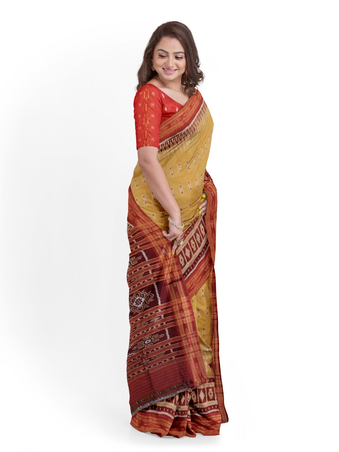 Golden wide border Odisha Khandua Pata Silk Saree paired with cotton ikat blouse piece