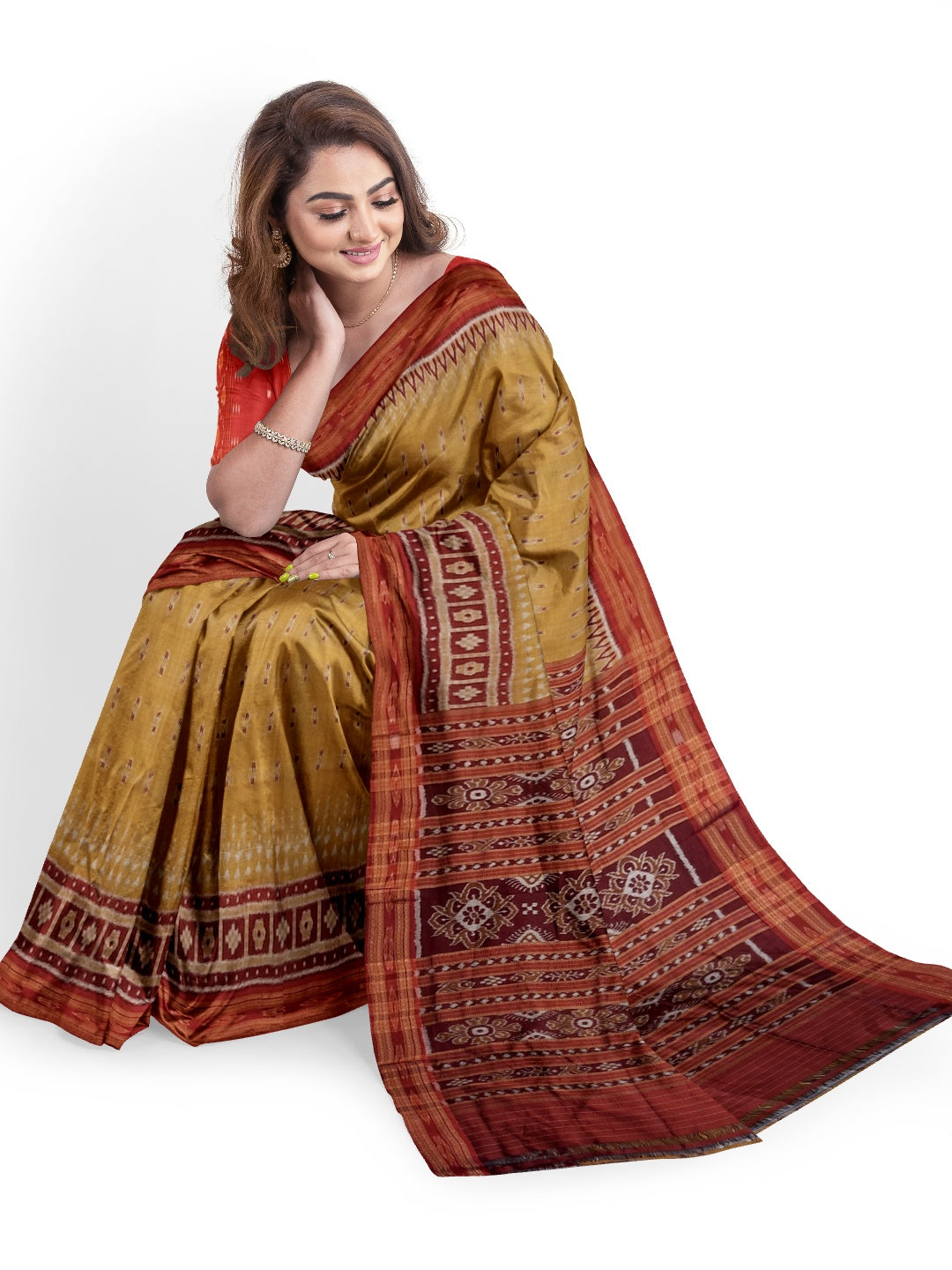 Golden wide border Odisha Khandua Pata Silk Saree paired with cotton ikat blouse piece