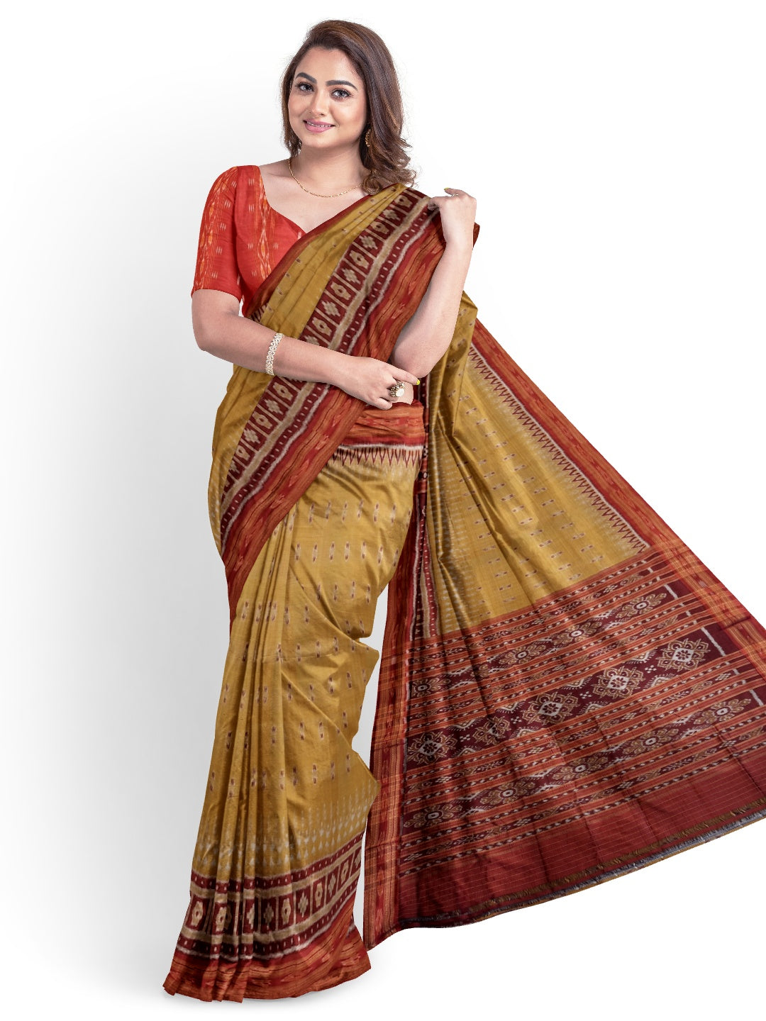 Golden wide border Odisha Khandua Pata Silk Saree paired with cotton ikat blouse piece