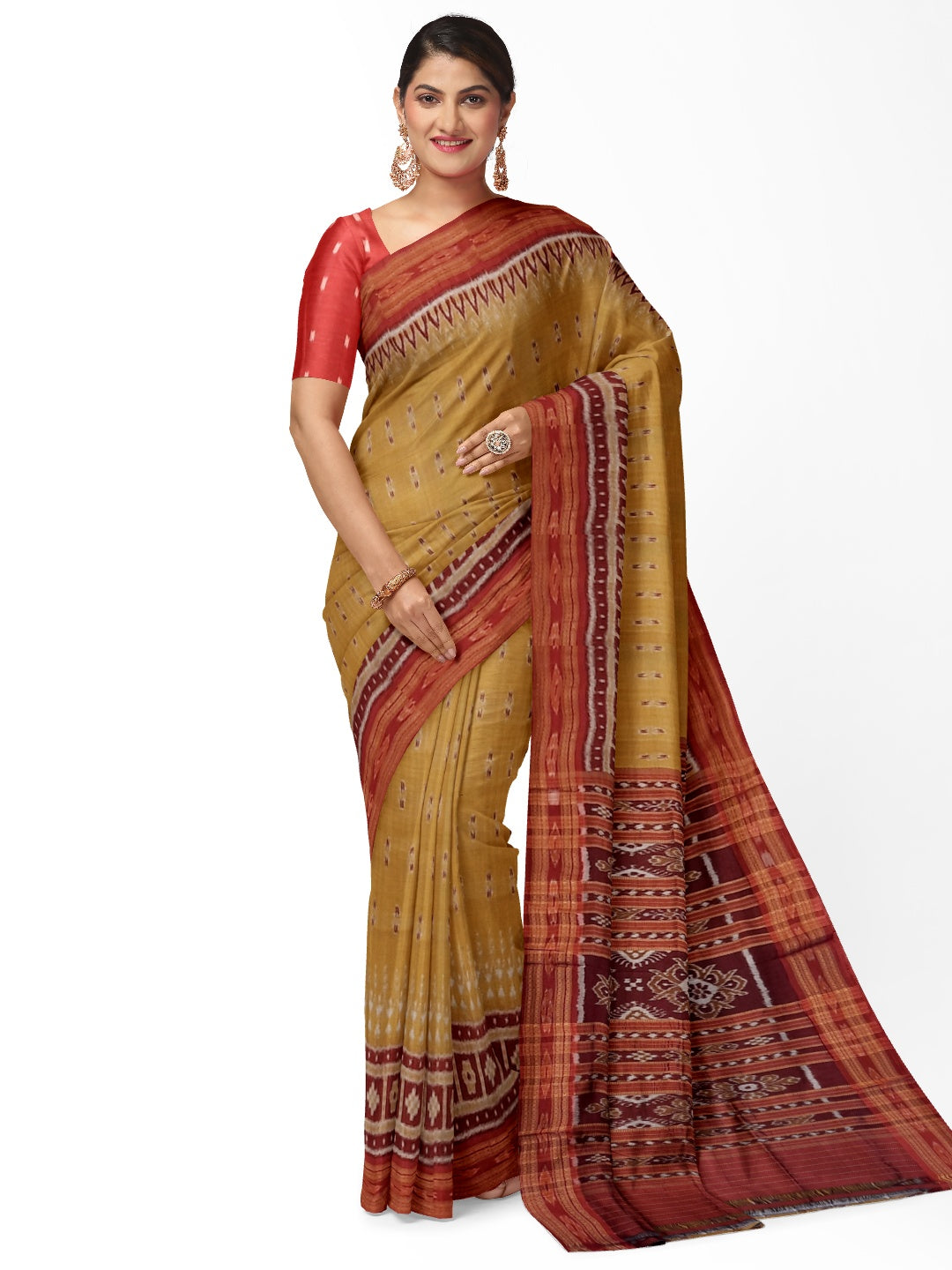 Golden wide border Odisha Khandua Pata Silk Saree paired with cotton ikat blouse piece