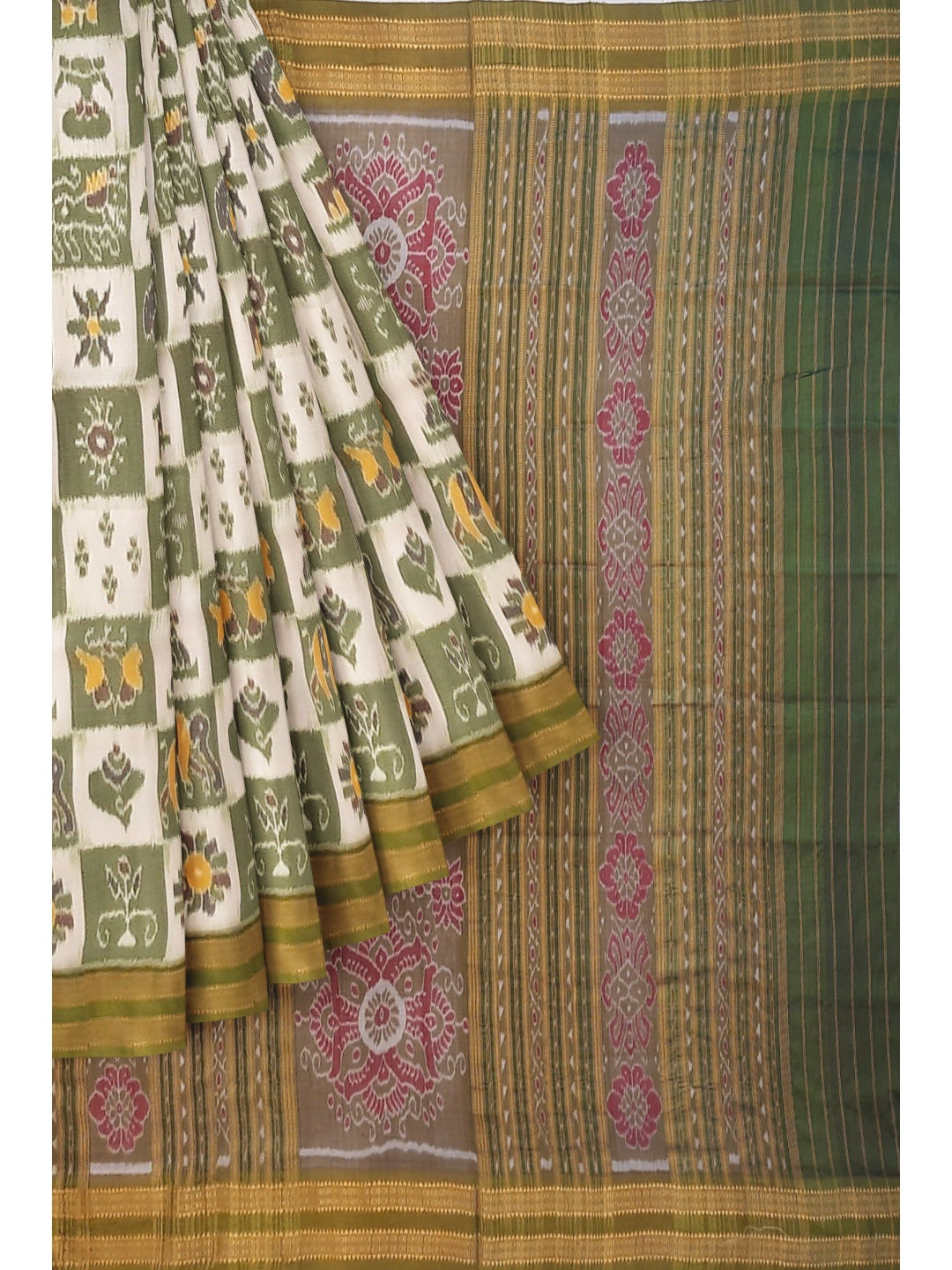 White with Green Odisha Khandua Pata Silk Saree paired with cotton ikat blouse piece