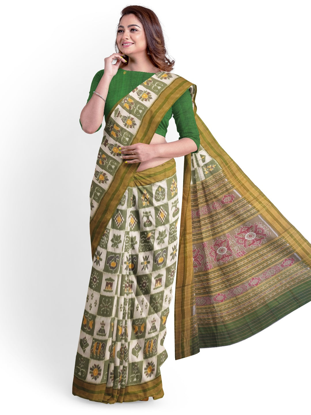 White with Green Odisha Khandua Pata Silk Saree paired with cotton ikat blouse piece