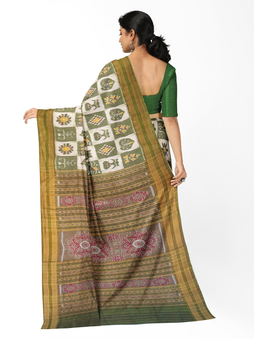 White with Green Odisha Khandua Pata Silk Saree paired with cotton ikat blouse piece