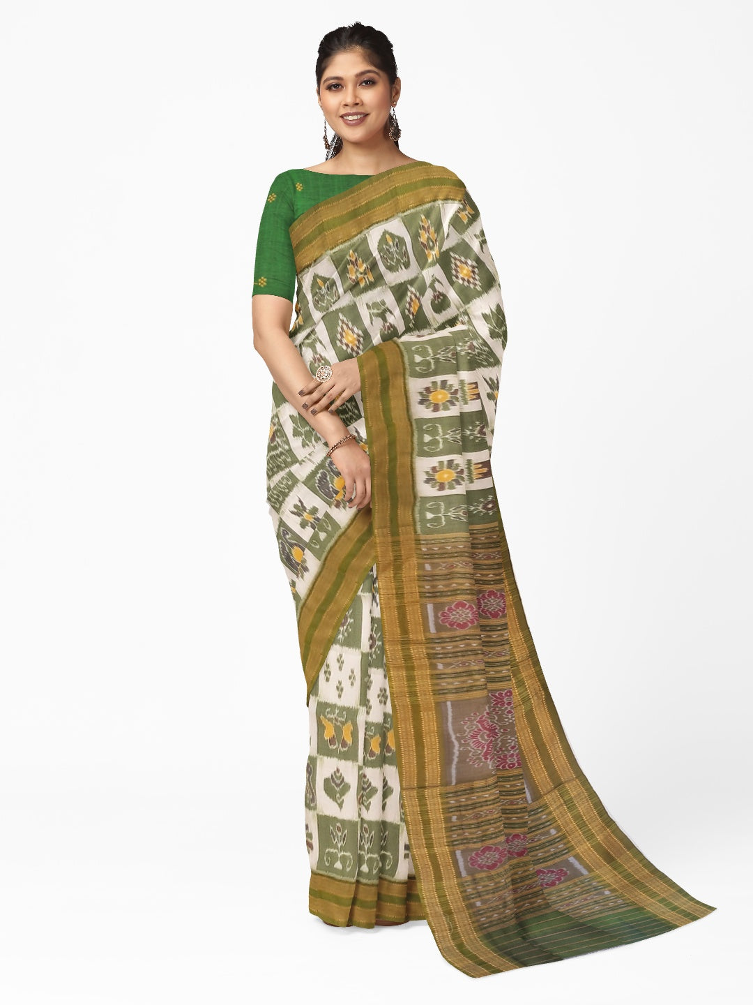 White with Green Odisha Khandua Pata Silk Saree paired with cotton ikat blouse piece