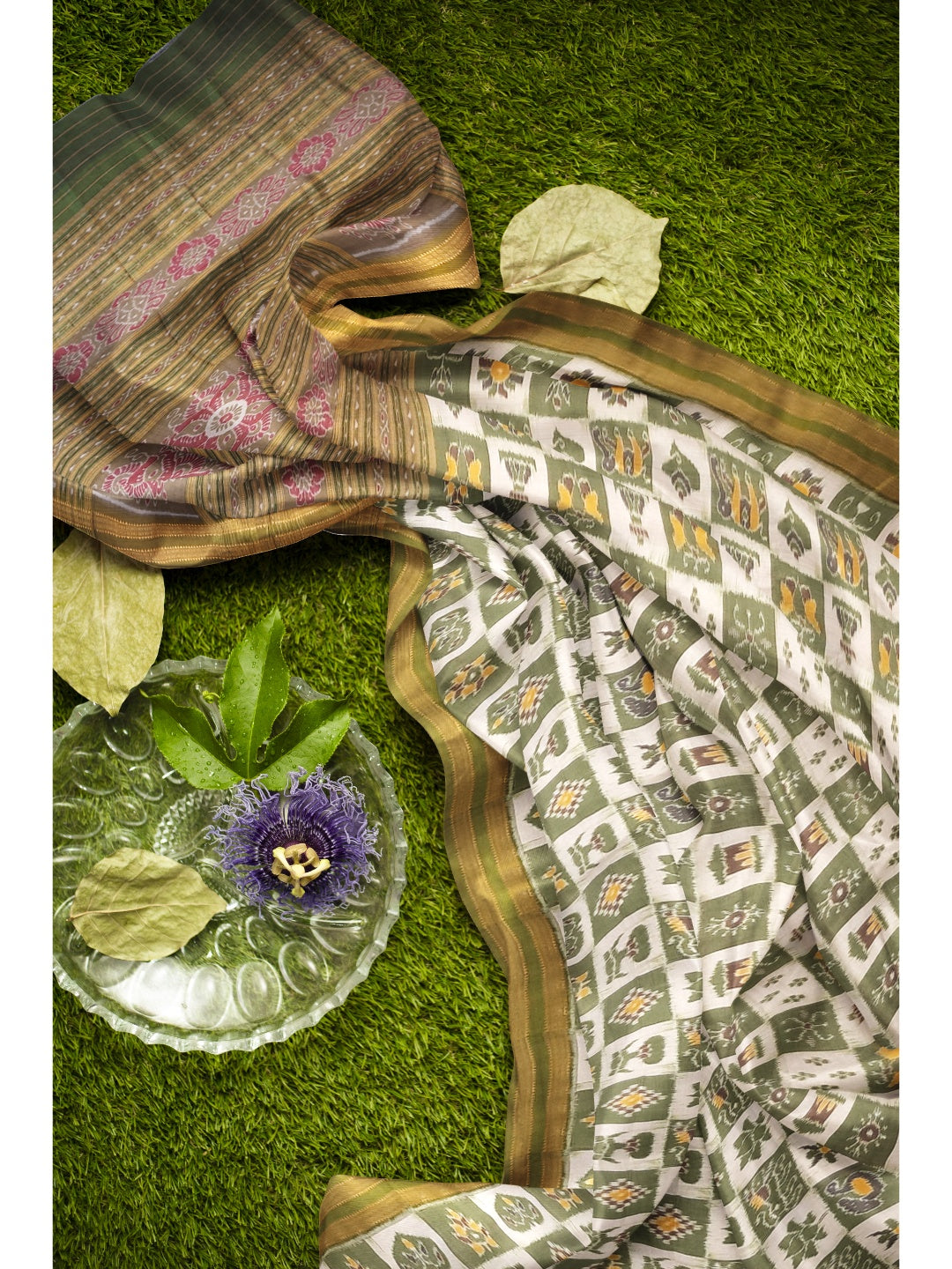 White with Green Odisha Khandua Pata Silk Saree paired with cotton ikat blouse piece
