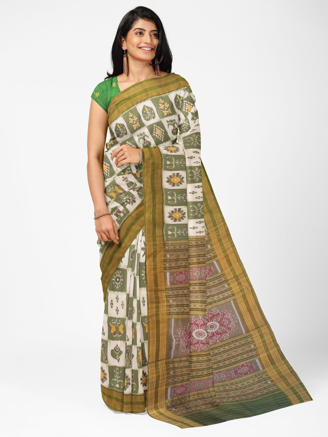 White with Green Odisha Khandua Pata Silk Saree paired with cotton ikat blouse piece