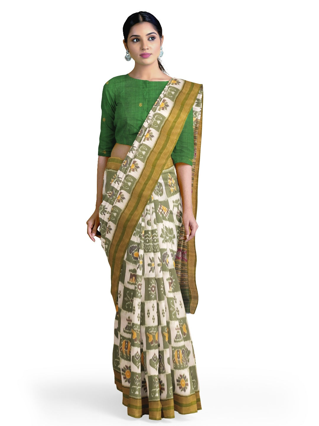 White with Green Odisha Khandua Pata Silk Saree paired with cotton ikat blouse piece