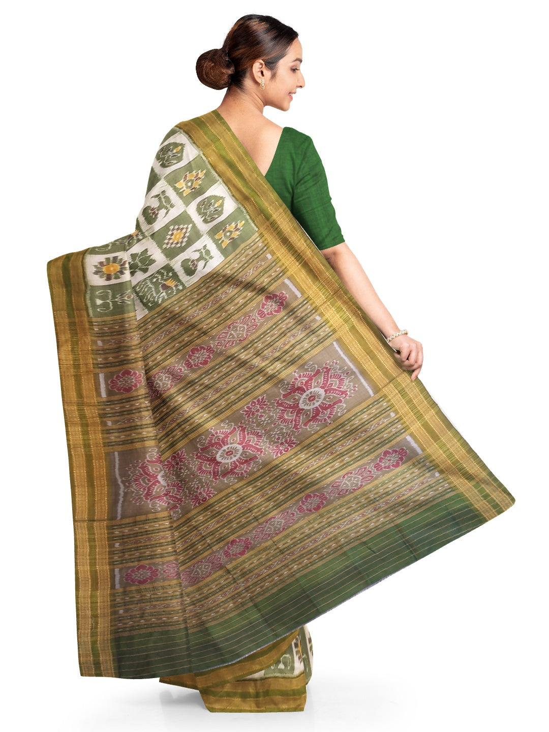 White with Green Odisha Khandua Pata Silk Saree paired with cotton ikat blouse piece