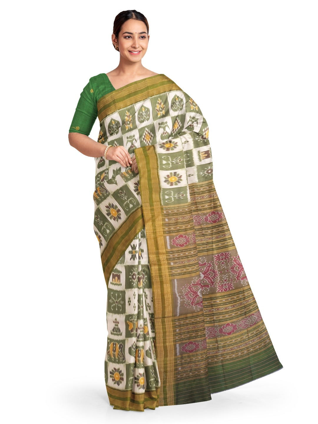 White with Green Odisha Khandua Pata Silk Saree paired with cotton ikat blouse piece