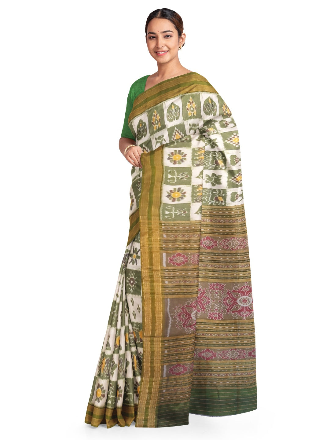 White with Green Odisha Khandua Pata Silk Saree paired with cotton ikat blouse piece