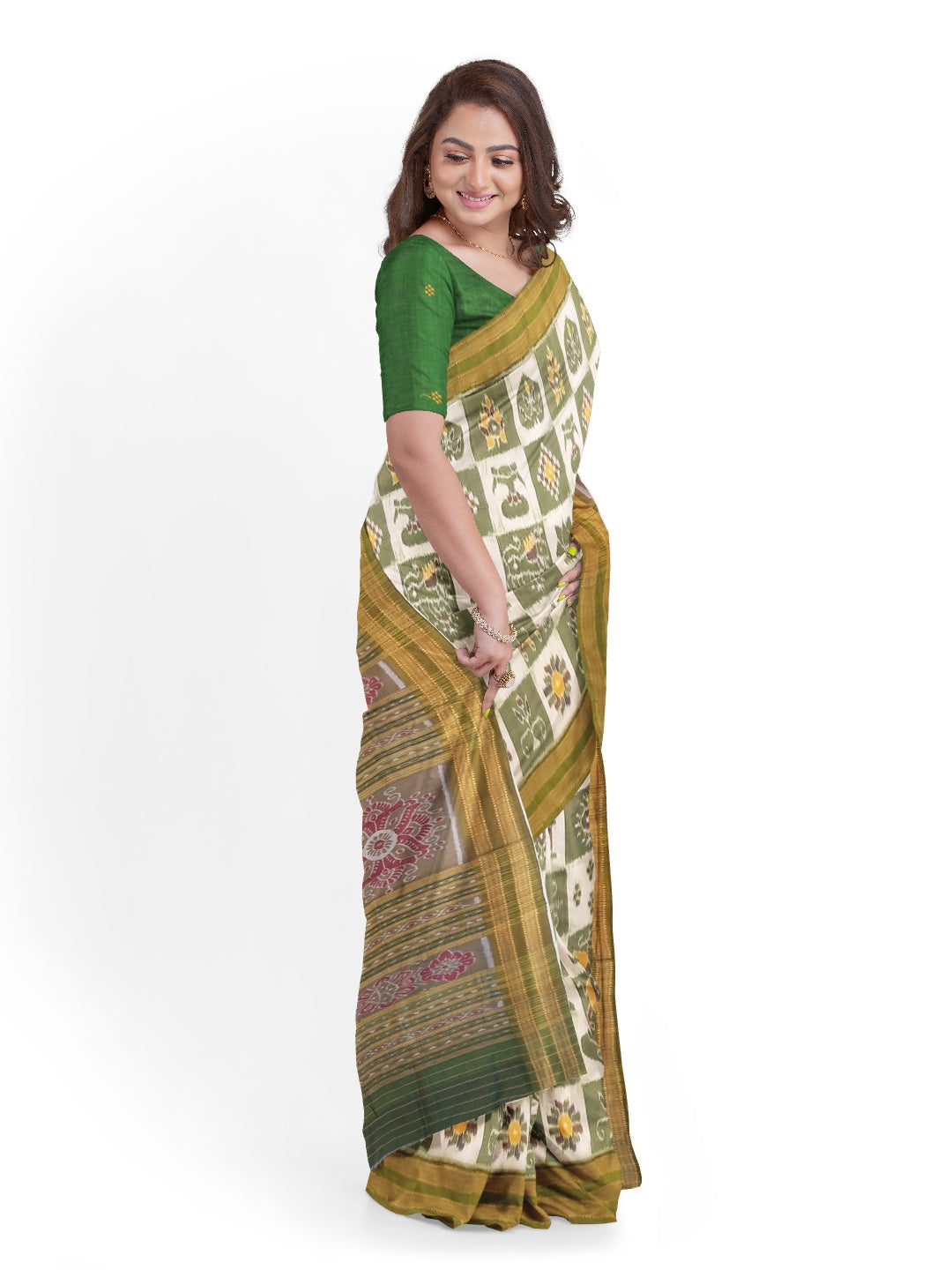 White with Green Odisha Khandua Pata Silk Saree paired with cotton ikat blouse piece