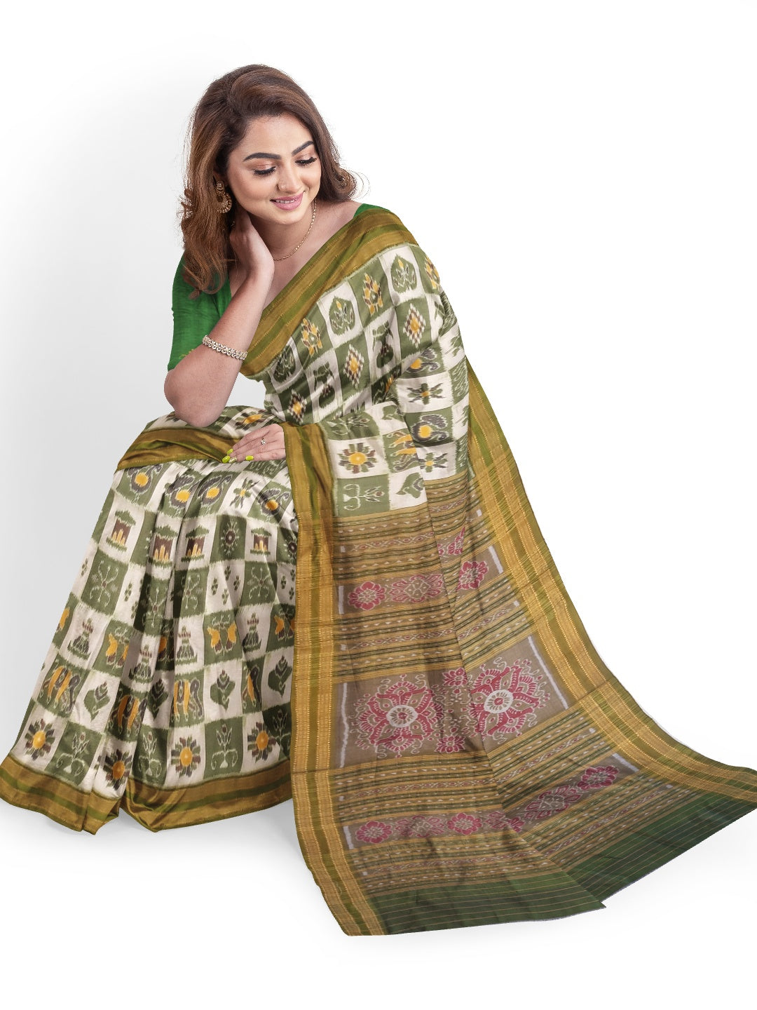 White with Green Odisha Khandua Pata Silk Saree paired with cotton ikat blouse piece