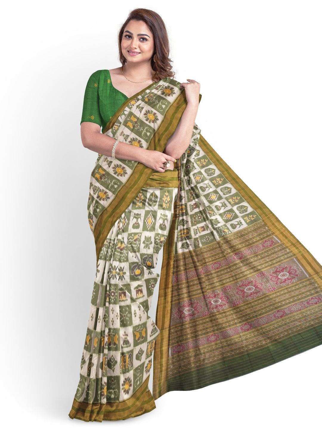 White with Green Odisha Khandua Pata Silk Saree paired with cotton ikat blouse piece