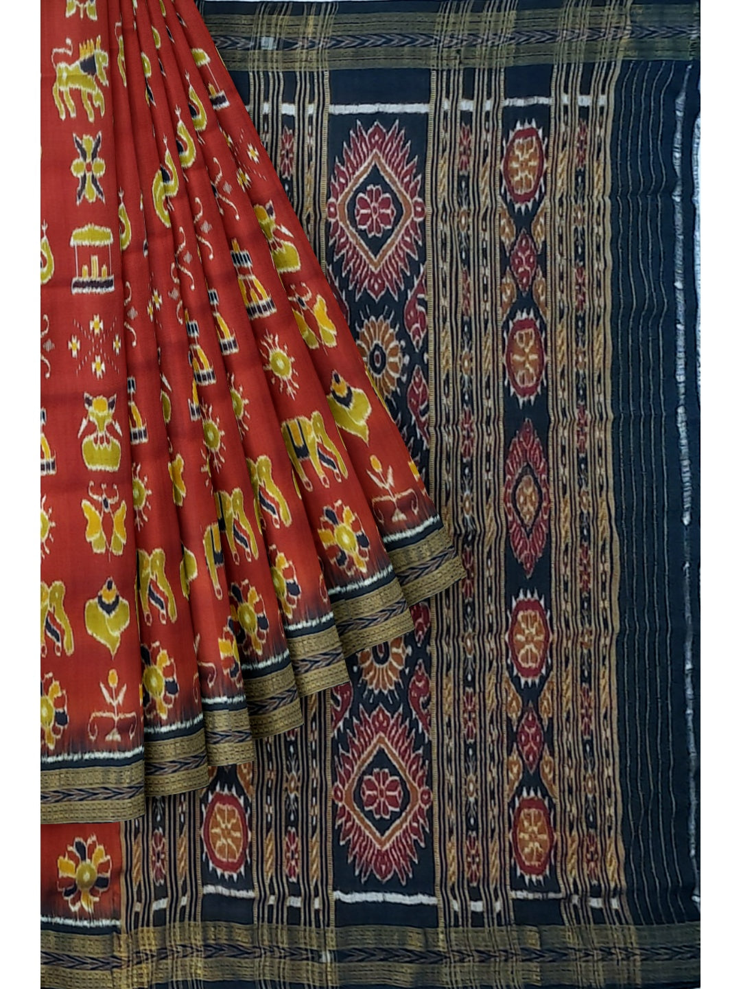 Maroon Odisha Khandua Pata Silk Saree paired with cotton ikat blouse piece