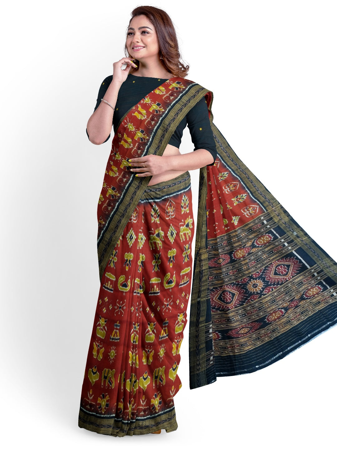 Maroon Odisha Khandua Pata Silk Saree paired with cotton ikat blouse piece