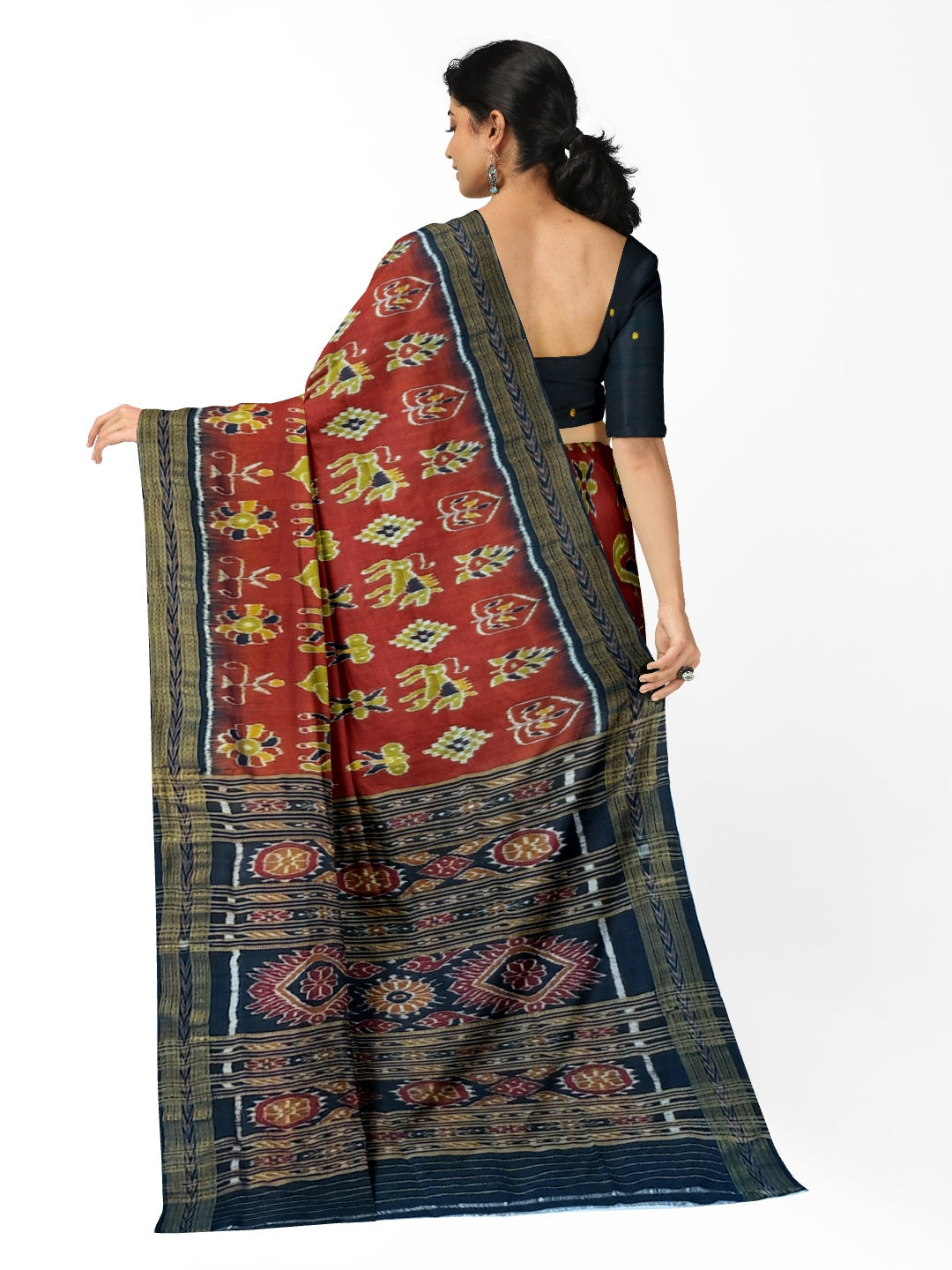 Maroon Odisha Khandua Pata Silk Saree paired with cotton ikat blouse piece