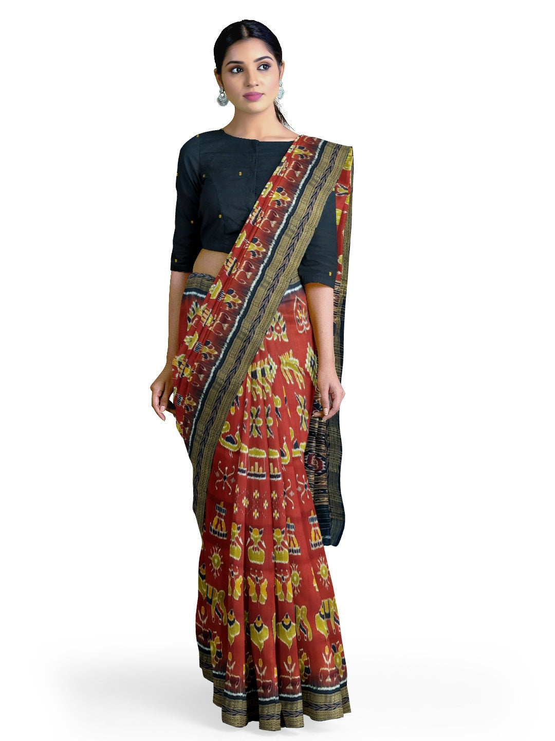 Maroon Odisha Khandua Pata Silk Saree paired with cotton ikat blouse piece