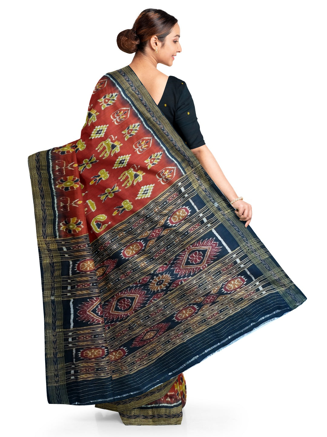 Maroon Odisha Khandua Pata Silk Saree paired with cotton ikat blouse piece