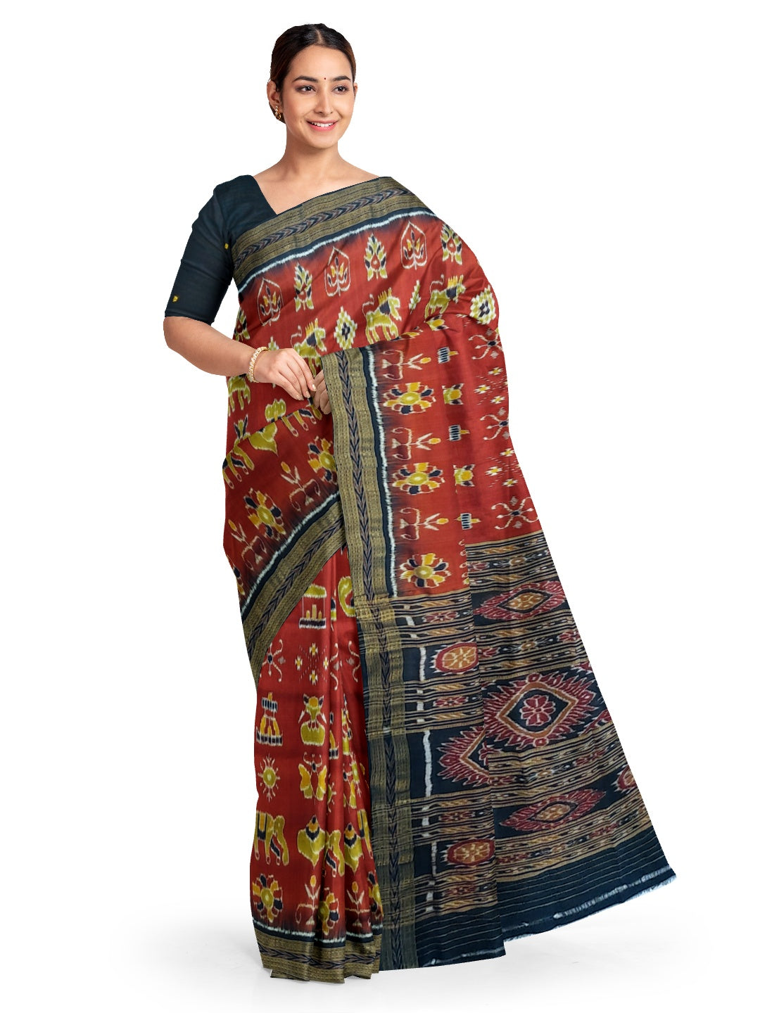 Maroon Odisha Khandua Pata Silk Saree paired with cotton ikat blouse piece