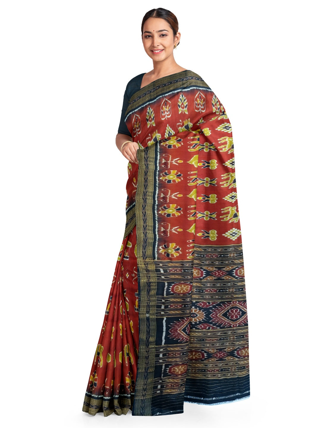 Maroon Odisha Khandua Pata Silk Saree paired with cotton ikat blouse piece