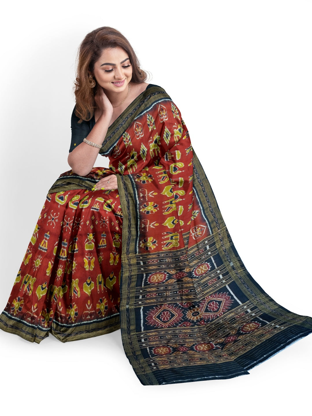 Maroon Odisha Khandua Pata Silk Saree paired with cotton ikat blouse piece