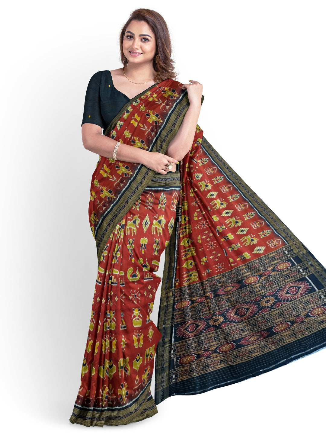 Maroon Odisha Khandua Pata Silk Saree paired with cotton ikat blouse piece