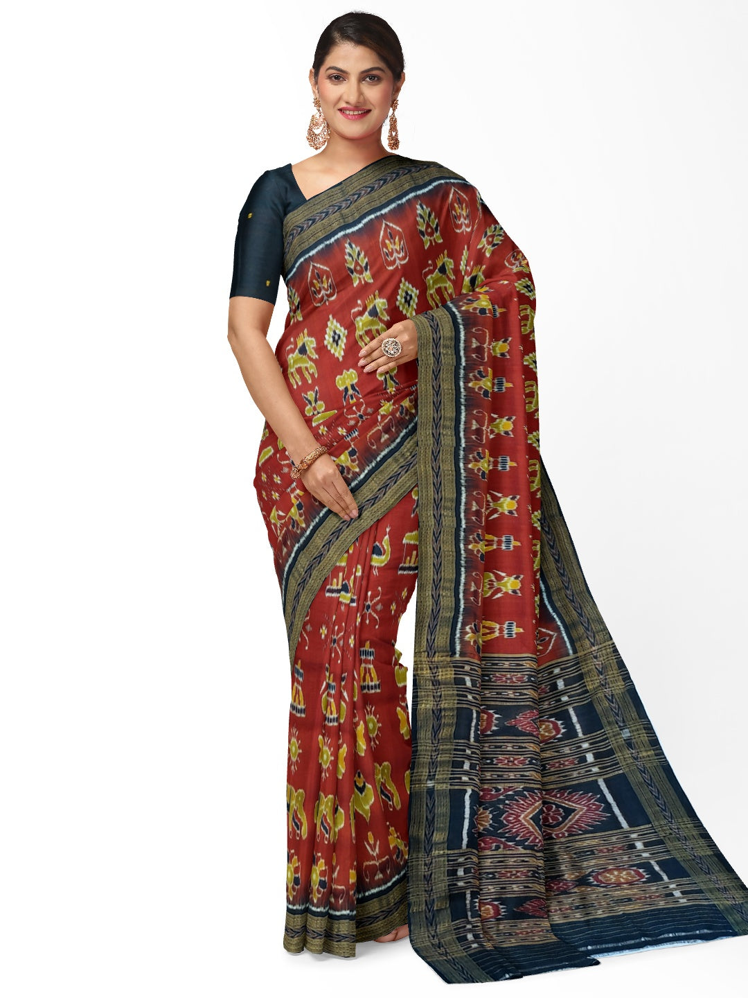 Maroon Odisha Khandua Pata Silk Saree paired with cotton ikat blouse piece