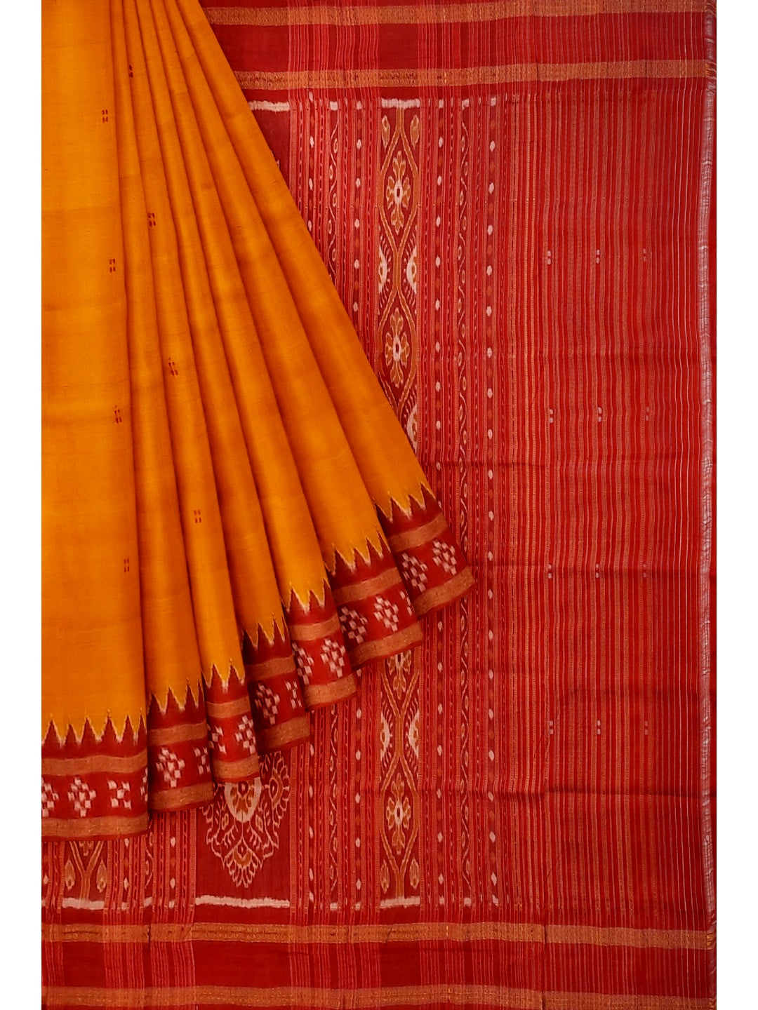 Golden Odisha Khandua Pata Silk Saree paired with cotton ikat blouse piece