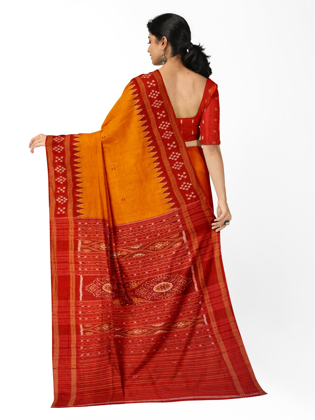 Golden Odisha Khandua Pata Silk Saree paired with cotton ikat blouse piece