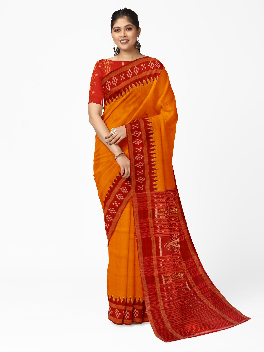 Golden Odisha Khandua Pata Silk Saree paired with cotton ikat blouse piece