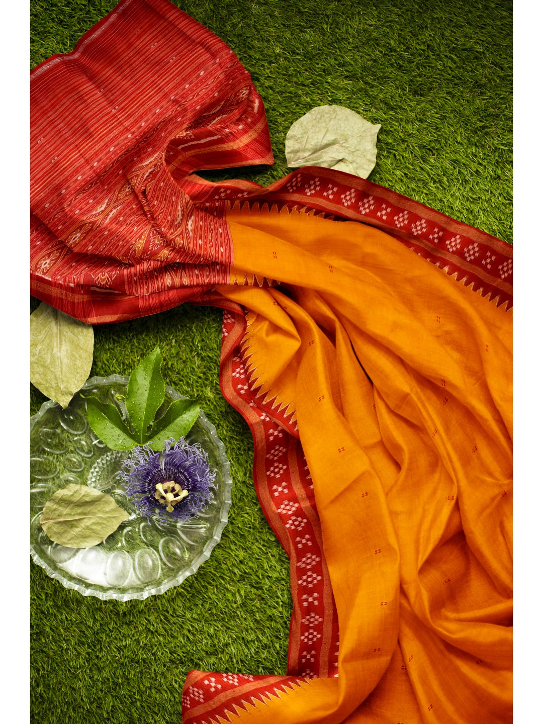 Golden Odisha Khandua Pata Silk Saree paired with cotton ikat blouse piece