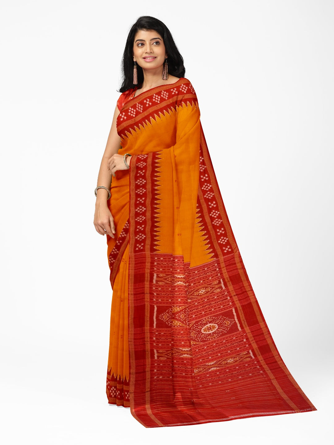 Golden Odisha Khandua Pata Silk Saree paired with cotton ikat blouse piece