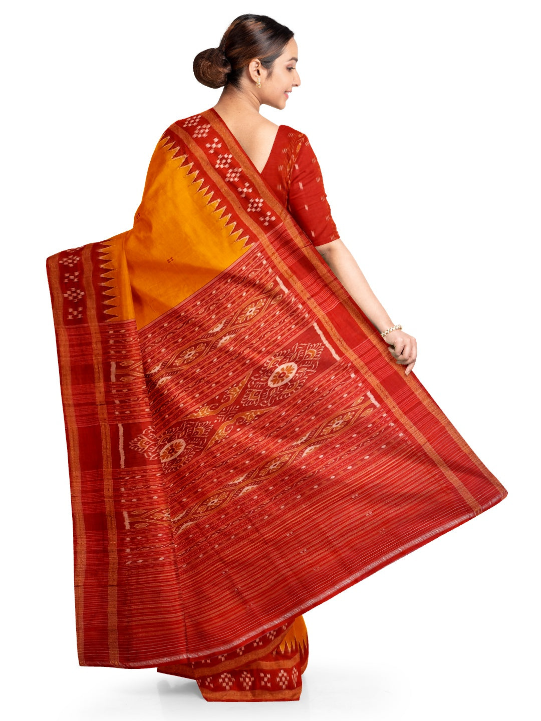 Golden Odisha Khandua Pata Silk Saree paired with cotton ikat blouse piece