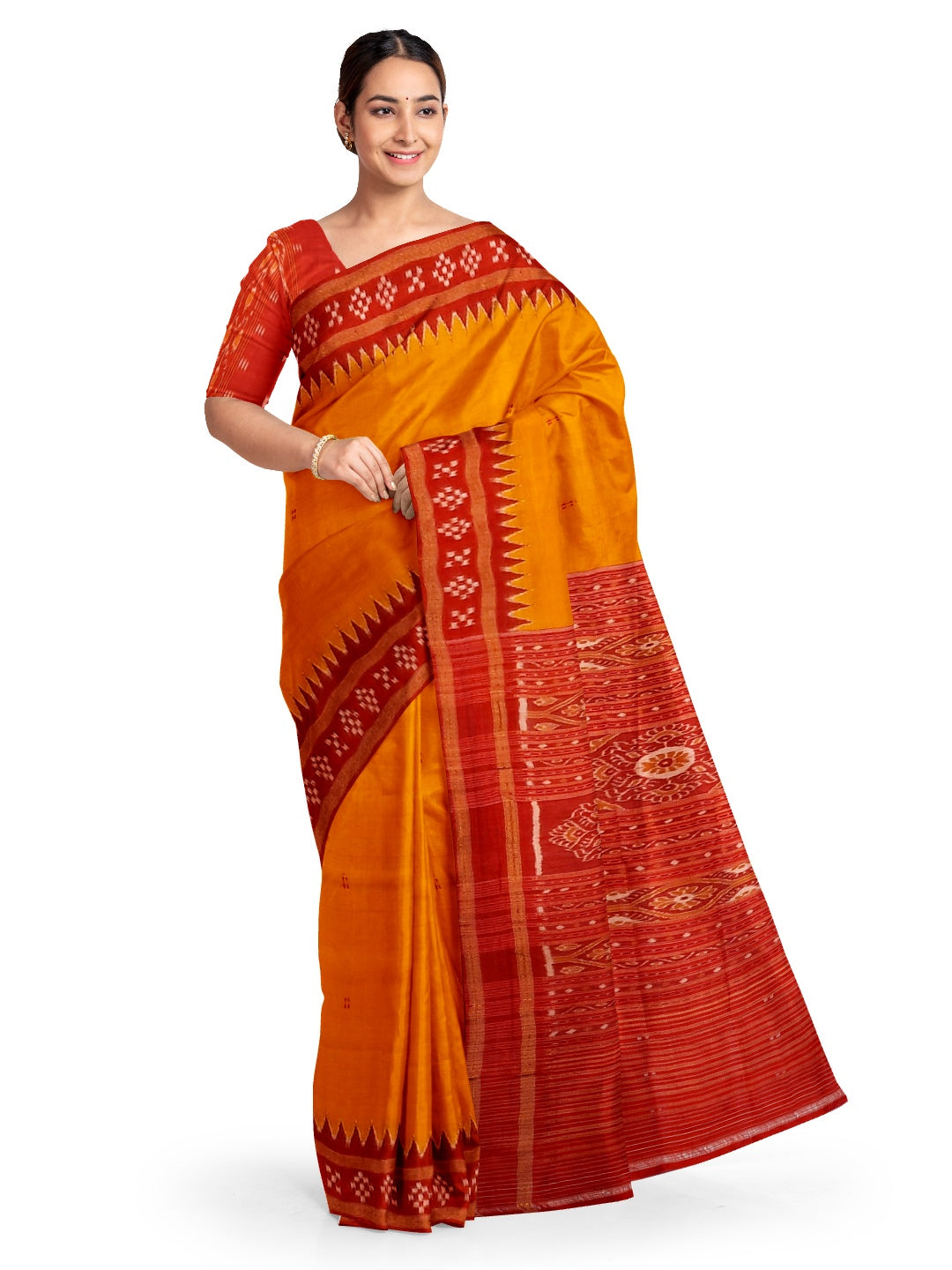 Golden Odisha Khandua Pata Silk Saree paired with cotton ikat blouse piece