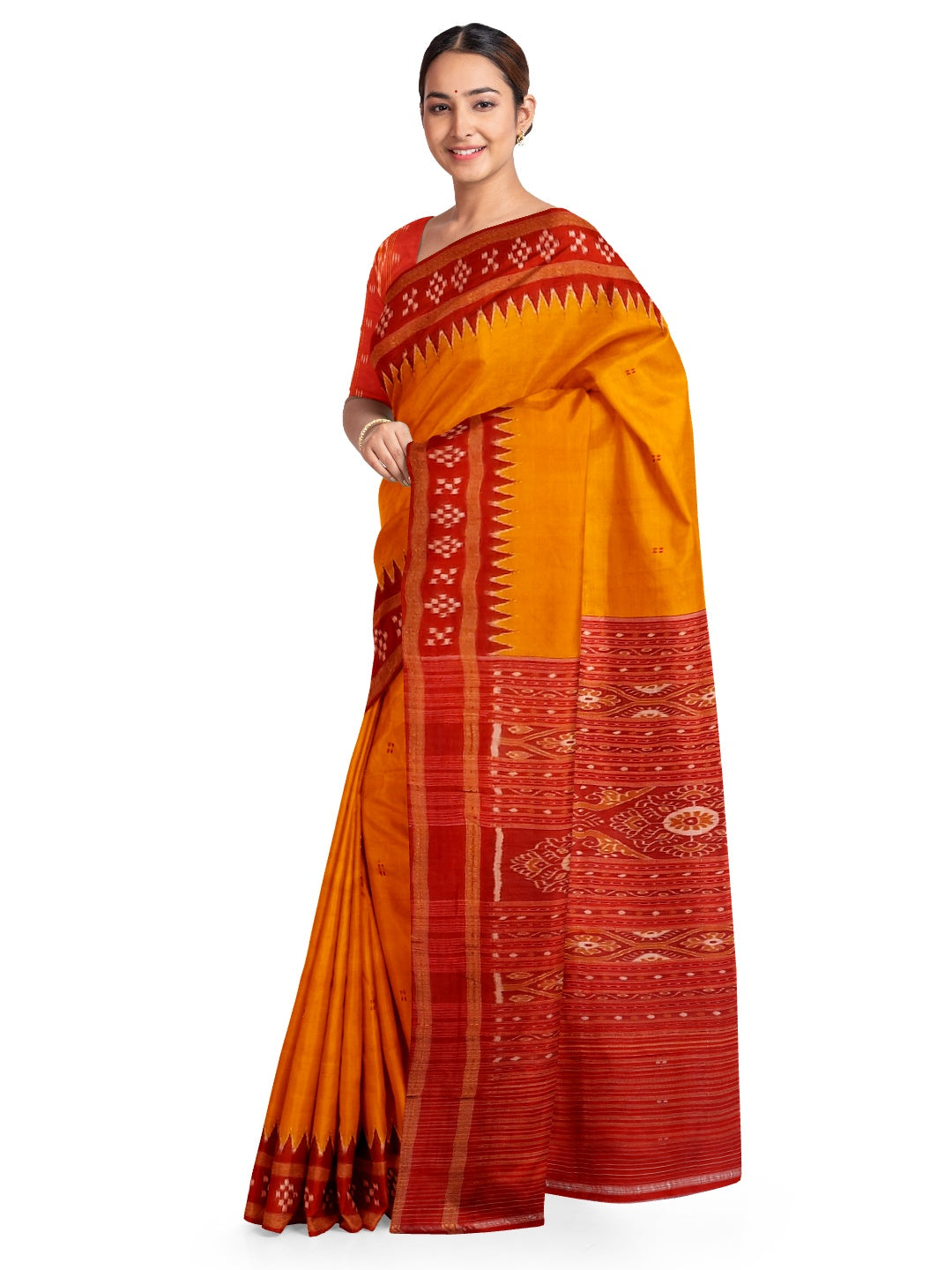 Golden Odisha Khandua Pata Silk Saree paired with cotton ikat blouse piece